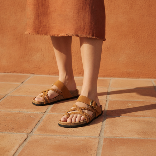 Woman wearing Hayleigh braided cork sandals