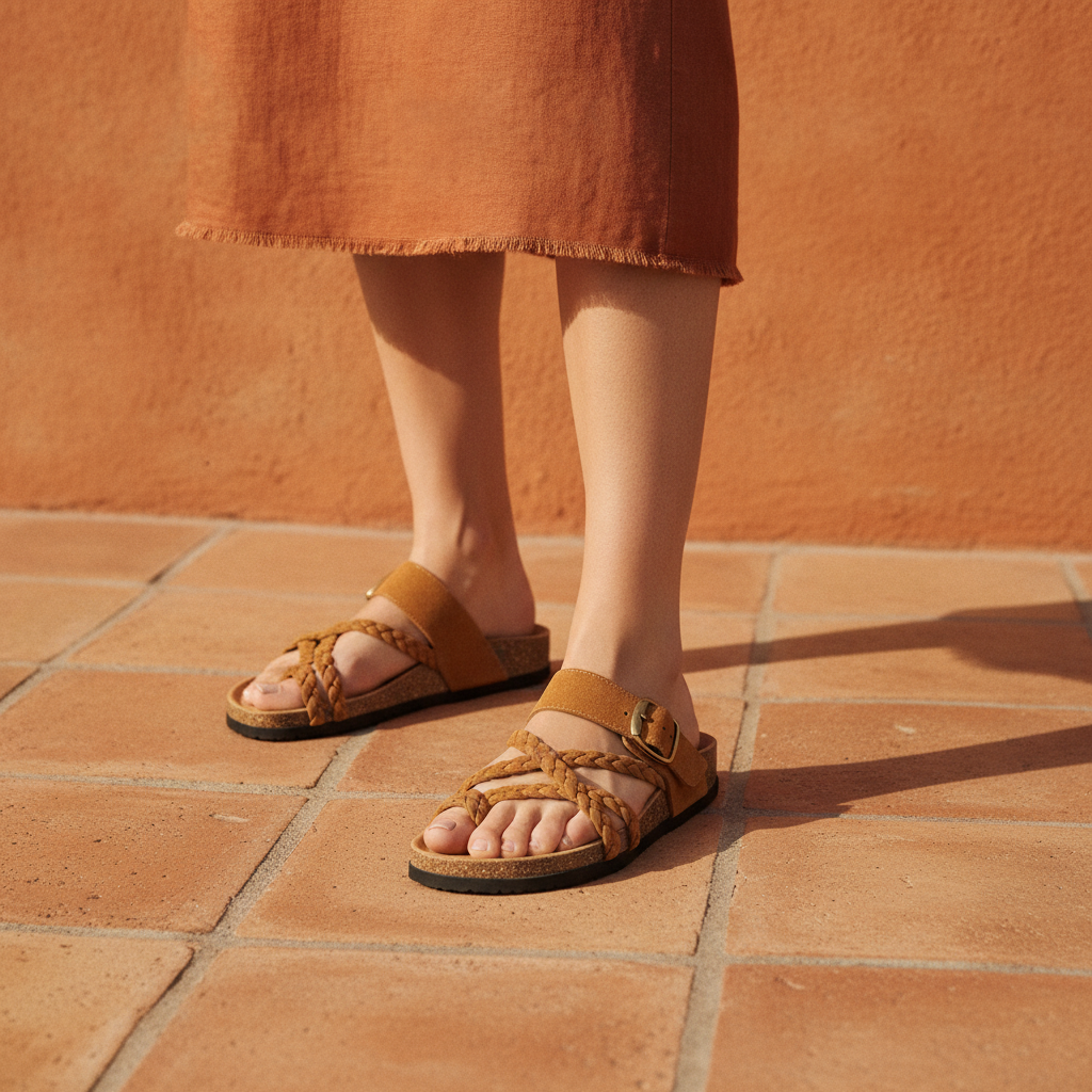Woman wearing Hayleigh braided cork sandals